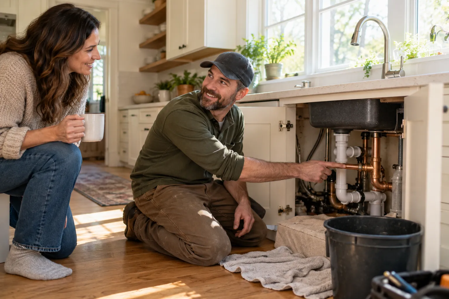 A friendly local plumber showing a homeowner a repaired pipe under a kitchen sink in a Austin home